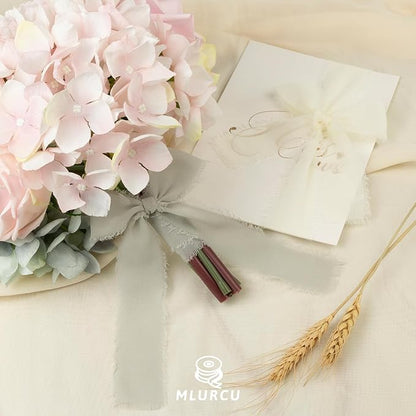 Sage Green Chiffon Ribbon 1.5 Inch x 21Yds Handmade Fringe Chiffon Silk Ribbon Sage Green/Desert Sage/Cream Frayed Chiffon Ribbon for Wedding Invitation Flower Bouquets Bridal Shower Gift Wrapping