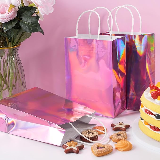24 Pcs Iridescent Pink Gift Bags Decorations, Holographic Foil Party Favor Bags with Handles, Pink Paper Candy Goodie Bag with 24 Tissue Paper for Graduation Birthday Baby Shower Party Supplies