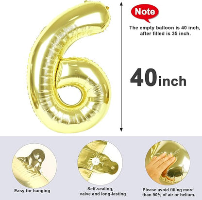 Number 6 Balloon 40 Inch, 6 7 Six Seven Birthday Decorations, 6th Birthday Balloon for Boy Girl, Light Gold 16 60 61 65 Numbers Balloons Graduations Anniversary Supplies