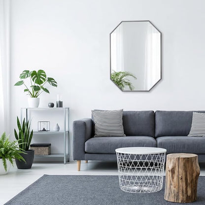 20"x28" Octagon Metal Mirror, Farmhouse Silver Bathroom Mirror, Rectangle Wall Mounted Vanity Mirror Hanging for Bedroom Entryway Living Room Farmhouse Horizontal/Vertical