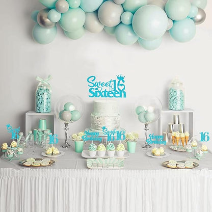 25 Pack 16th Birthday Cake Decorations, Sweet 16 Sixteen Cake Topper, Happy Birthday Sweet 16 Cupcake Toppers Teal Turquoise Blue for Boys Girls Happy 16th Birthday Party Supplies