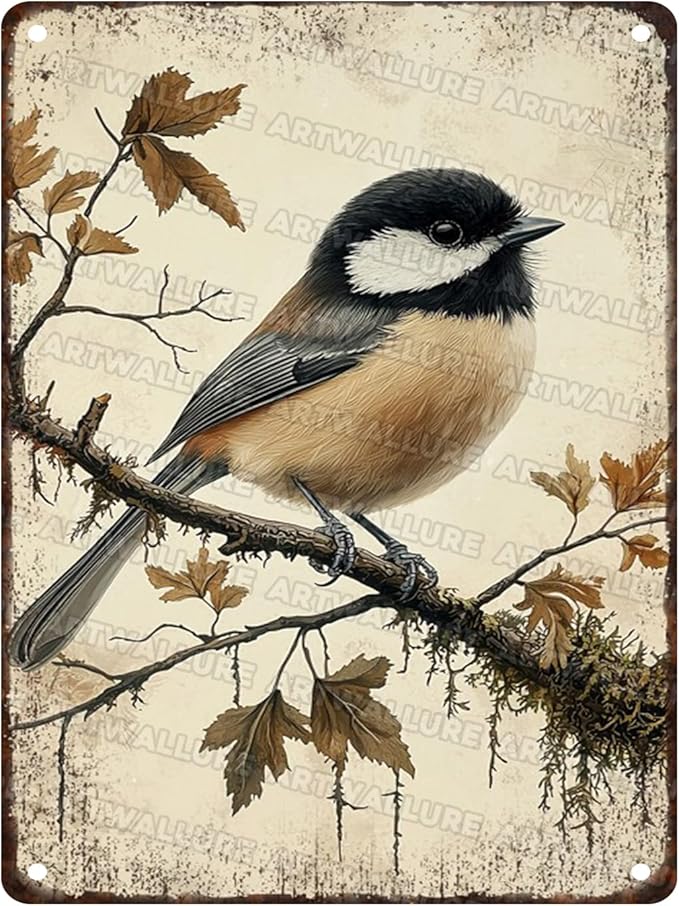 Chickadee Bird Metal Tin Sign Rustic Wall Decor Vintage Wildlife Art Nature Theme Cottagecore Home Decor Quote 12x16inch