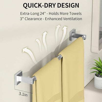 MKO Towel Bar for Bathroom, 24" Hand Towel Holder Rod with Metal, Towel Racks for Bathroom Hanger Wall Mounted for Kitchen, Brushed Nickel 2 Pack