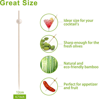 200 Pcs Cocktail Picks, 4.7 Inch Toothpicks for Appetizers, Bamboo Cocktail Sticks Skewers for Drinks, Desserts, Charcuterie, Wedding Party Fancy Toothpicks, Natural Pearl Mini Food Picks Decorative
