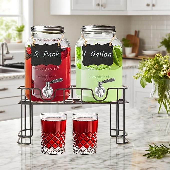 1 Gallon Glass Drink Dispensers for Parties,2 Pack Beverage Dispenser with Stand and Stainless Steel Spigot,Glass Water Lemonade Dispenser with Ice Cylinder for Party Drink,Iced Tea,Kombucha