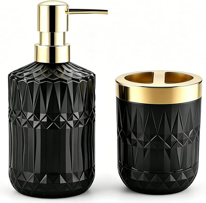 2Pcs Black Bathroom Accessories Set, Glass Bathroom Accessories, Vintage Bathroom Countertop Decoration Includes Soap Dispenser, Toothbrush Holder