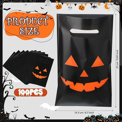 Supervitae 100 Pcs Halloween Treat Bags Plastic Pumpkin Party Favor Bags Bulk with Handles for Halloween Snacks Goodie Candy Treat Party Supplies, 9.84''x6.5''