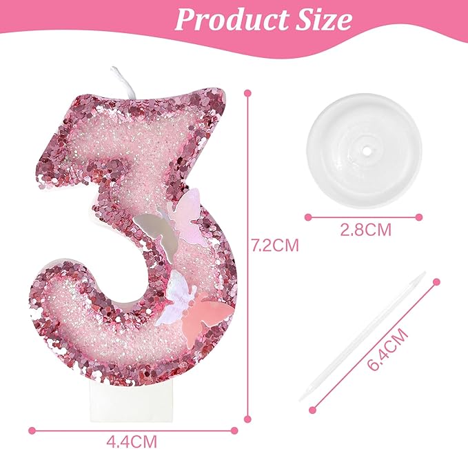 3rd Birthday Candles，Glitter Butterfly Cake Toppers Pink Sequins Wedding Numeral Cupcake Decorations，Suitable for Girl and boy Wedding Cakes, Party Celebrations, Birthday Decorations