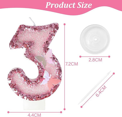 3rd Birthday Candles，Glitter Butterfly Cake Toppers Pink Sequins Wedding Numeral Cupcake Decorations，Suitable for Girl and boy Wedding Cakes, Party Celebrations, Birthday Decorations