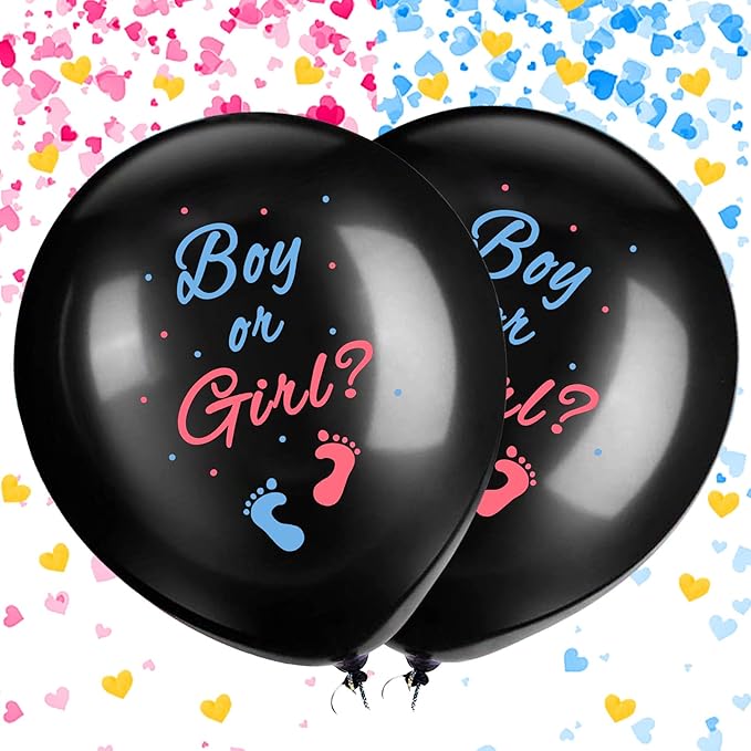 JOYYPDP Gender Reveal Balloons - 2 Pack 36 Inch Black Boy or Girl Balloon with Pink and Blue Heart-Shaped Confetti for Gender Reveal Party Decorations