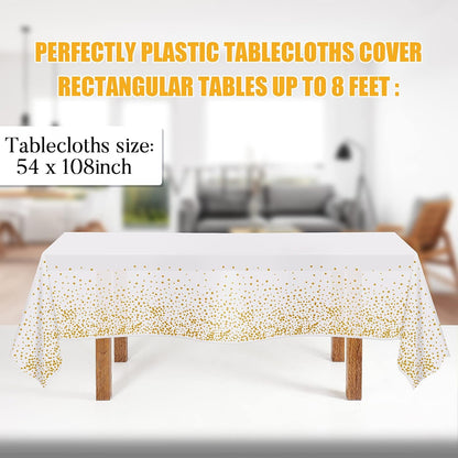 Tablecloths for Rectangle Tables,3 Pack 54" X 108" Plastic Table Cloth Disposable Table Covers Engagement Party Decorations, White Gold Dot Tablecloths Disposable Tablecloth for Weddings Buffet Tables