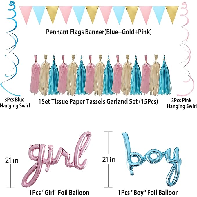 Gender Reveal Decorations Kit - Simple Boy or Girl Party Supplies with Foil Balloons, Tissue Paper Tassels, Pennant Banner & Hanging Swirls - Easy Setup Baby Shower Decor Set