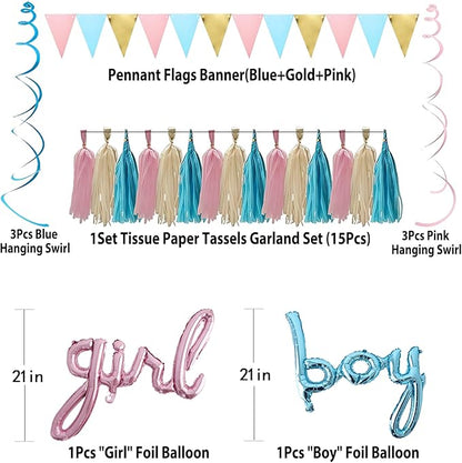 Gender Reveal Decorations Kit - Simple Boy or Girl Party Supplies with Foil Balloons, Tissue Paper Tassels, Pennant Banner & Hanging Swirls - Easy Setup Baby Shower Decor Set