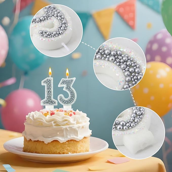 13 Birthday Number Candle for Cake, Glitter Number Candle with Silver Beads, Decorative Cake Topper for Milestone Celebrations