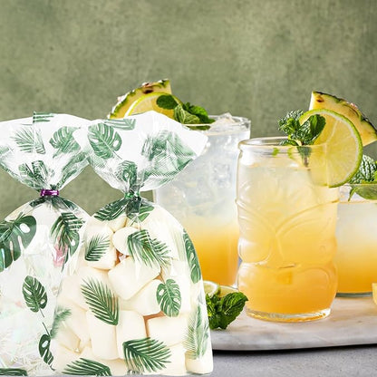 100 Pcs Gift Wrap Cellophane Treat Bags, 8 X12 Inch Hawaiian Palm Leaf Cellophane Candy Bags with for Candy,Cookies,Wedding Bridal Decorations Birthday,Valentine Party with Twist Ties