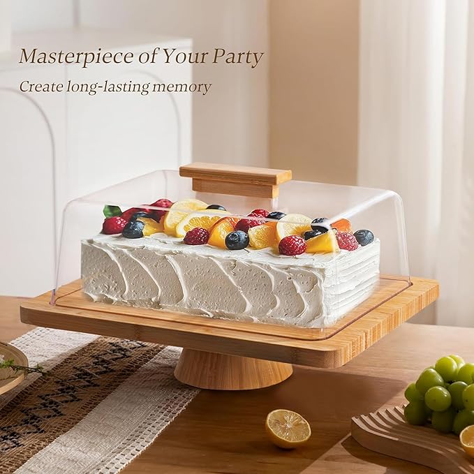 HBlife Cake Stand with Lid (16.5"), Multifunctional Cake Stand with Acrylic Dome, Rectangular Bamboo 2-in-1 Cake Plate Display Stand with Cover for Baking Gifts, Birthday Kitchen Parties, Weddings