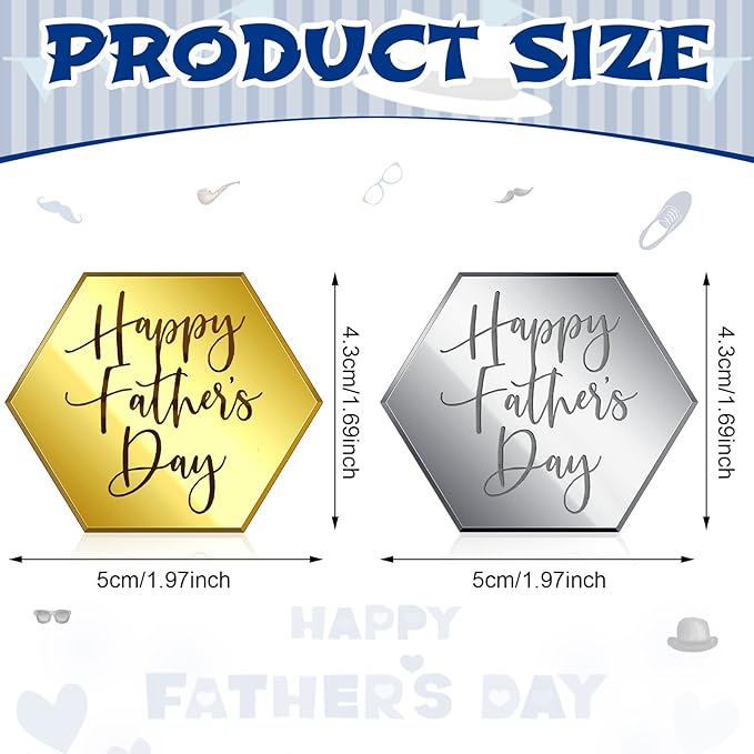 24 Pieces Happy Father's Day Cupcake Toppers Acrylic Cake Mirror Disc Cake Toppers Decorations Mini Glitter Engraved Discs for Birthday Party Dads Day Gifts(Hexagon)