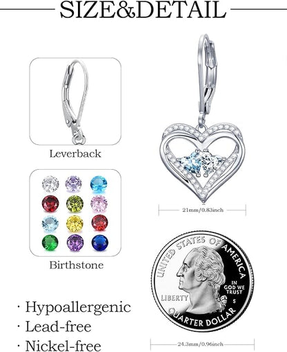 Valentines Day Gifts for Women, Heart Leverback Earrings Double Birthstone Dangle Earrings for Women, Love Jewelry for Her, Anniversary Birthday Gift for Mom Wife Girlfriend