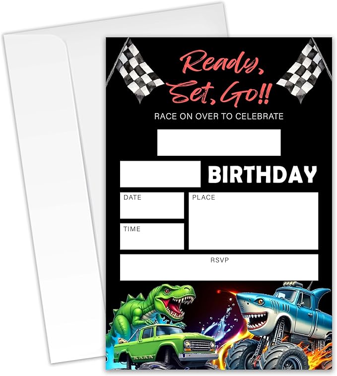 Race Car Birthday Party Invitations – Ready, Set, Go! – 20 Invitation Cards 4"x6" with Envelopes for Fun-Filled Birthday Celebrations.(013)