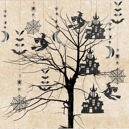 Cheerland Clearance Witch Decorations Gothic Hanging Banner Indoor Garland Glitter Black Decor Moon Star Glitter Garland Decoration Haunted House Witchcraft Decor Birthday Halloween Party Supplies