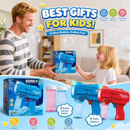 2 Pack LED Bubble Gun for Kids, Automatic Bubble Blower with 2 Refill Solutions, Leak-Proof Bubble Blaster Toy for Toddlers, Outdoor & Indoor Play, Ideal Easter & Birthday Gifts for Boys Girls Age 3-8