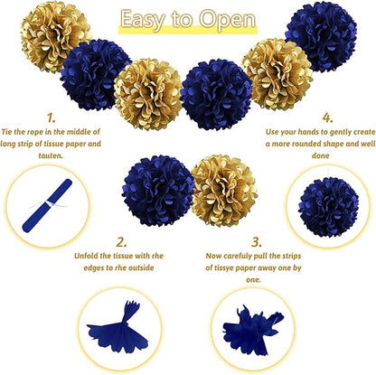 Navy Blue and Gold Happy Birthday Decorations with Banner, Paper Pompoms for Boys, Girls, Men, Women - Party Decorations Supplies