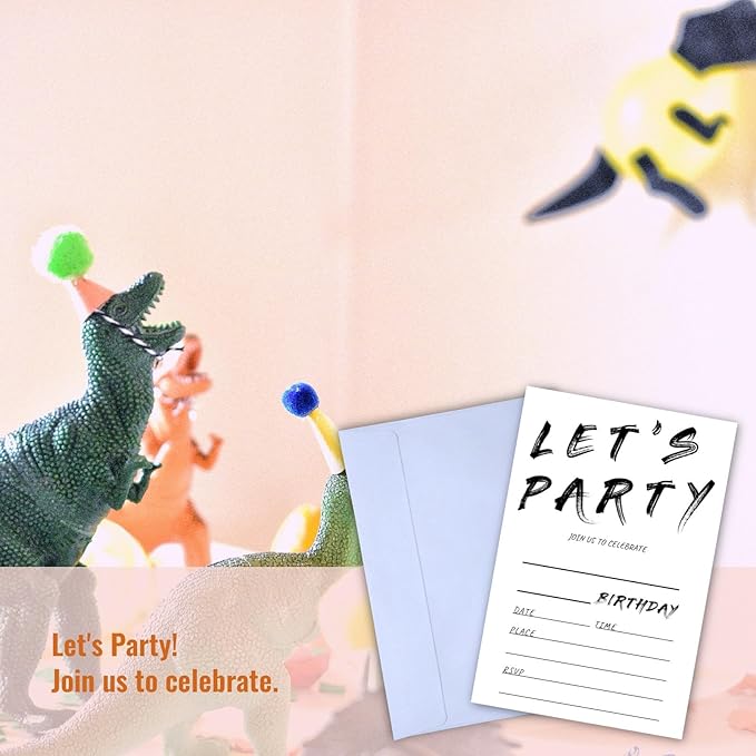 Birthday Let's Party Invitations, Simple Black and White Handwriting Style Design Invites with Envelopes for Girls Boys Teens Kids, 25 Pcs 4x6 Inch (Black Handwriting Simple)