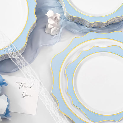100 PCS White and Blue Disposable Plates for 50 Guests, Scalloped Plastic Plates Include 50 Dinner Plates and 50 Dessert Plates for Party, Wedding and Graduation