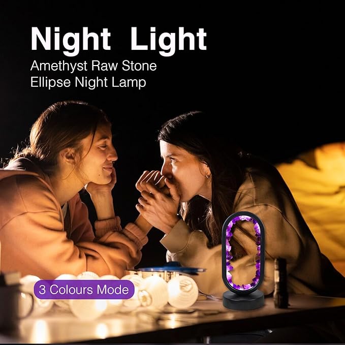 Runyangshi Crystal Lamp Amethyst Raw Stone Ellipse Night Lamp Natural Healing Crystal Night Light Table Lamp Base USB Port 3 Colours Mode for Bedroom Bedside Lamp Office Home Decor Gift