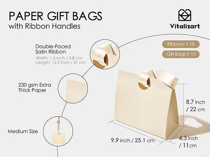 Vitalizart Paper Gift Bags With Ribbon Handles Set of 10 Assorted Colors Bulk Reusable For Gift Wrap Girls Kids Birthday Bridal Shower Party Favors Goodie Bags Candy Christmas 9.84"x4.33"x8.66" Medium