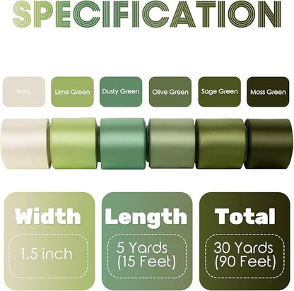 Green Ribbon 1-1/2 Inch Assorted Sage, Olive, Moss, Lime, Dusty Green, Ivory, Double Faced Satin Ribbons Set for Wedding, Flower Bouquet, Gift Wrapping, Hair Bow Crafts - 30Yds