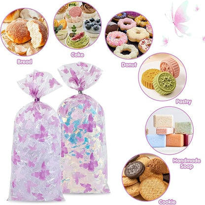 100 Pcs 5x11 Inch Cellophane Treat Bags with 100 Gold Twist Ties, Food-Safe Clear Butterfly Gift Bags for Candy Cookie Bakery Packaging, Valentine's Day Classroom Gifts Wedding Party Favors