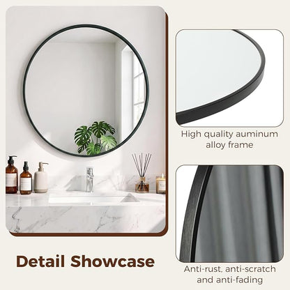 NEWBULIG 30 Inch Round Wall Mirror, Bathroom Mirrors for Over Sink, Matte Metal Framed Circle Vanity Mirror, Wall Decor for Bedroom, Anti-Rust, Tempered Glass, Hanging or Leaning, Classic Black