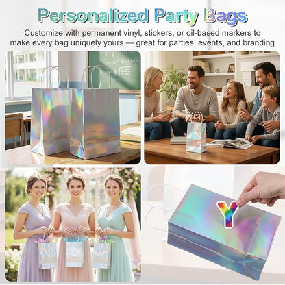 Abeillo 48 Pcs Reusable Paper Gift Bags with Handle, Iridescent Gift Bag Glossy Holographic Goodie Bag Gifts Handbag Bulk for Baby Shower Christmas Birthday Party Favor, 8.3 x 4.7 x 3.1 Inch