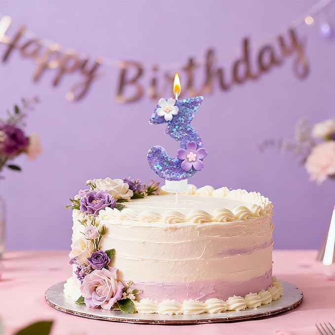 Purple Flower Birthday Candle,Number Birthday Candles for Cake, Ideal Birthday Parties Cake Decor, Wedding Anniversary and Other Celebrations (Number 3, Purple)
