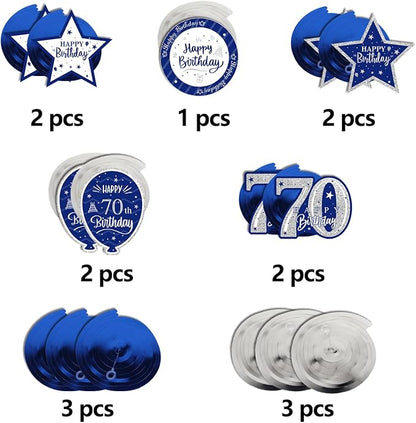 Happy 70th Birthday Blue & Silver Glitter Swirls Streamers Party Decorations - 15 Pcs 70th Birthday Hanging Swirls Streamers Kit,Cheers to Seventy Years Old Bday Party Sign.
