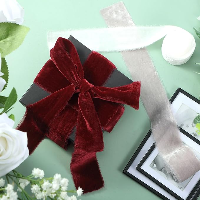 Canlierr 4 Roll Valentine's Day Silk Velvet Ribbon for Gift Wrapping Fringe Fabric Frayed Velvet Ribbon Raw Edge for Valentine Day Party Wedding Decor Bouquet Basket Hair(Fresh Color,2 in X 16 yd)
