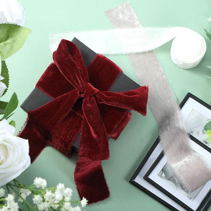 Canlierr 4 Roll Valentine's Day Silk Velvet Ribbon for Gift Wrapping Fringe Fabric Frayed Velvet Ribbon Raw Edge for Valentine Day Party Wedding Decor Bouquet Basket Hair(Fresh Color,2 in X 16 yd)
