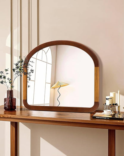 Arched Mirror 34 x 29 Inch,Brown Wood Rustic Bathroom Tempered Wall Mirror with Wood Frame,Round Corner Arch Farmhouse Wooden Vanity Mirror for Living Room,Entryway or Bedroom（Walnut Brown）