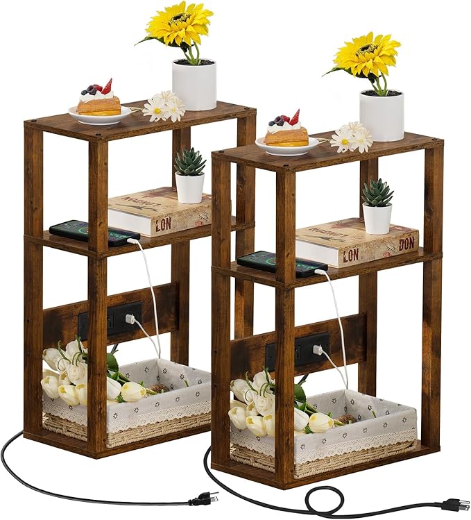 YUFAM 3-Tier Small Narrow Wood Side Table Set of 2 with Charging Station - Skinny Nightstand for Small Spaces, Slim Bedside Table with USB Ports and Outlets - Thin End Table with Storage, Brown