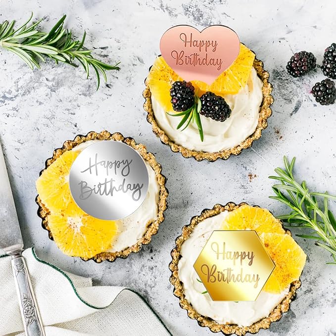 30 PCS Happy Birthday Cake Disc Mini Acrylic Cake Toppers, Mirror Acrylic Cupcake Toppers DIY Heart Round Hexagon Shape Engraved Cake Topper Charms Cake Cupcake Decorations for Birthday Party Decor