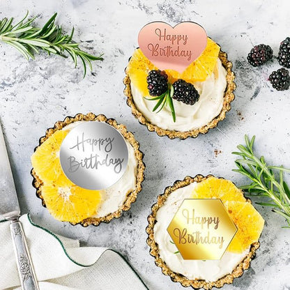 30 PCS Happy Birthday Cake Disc Mini Acrylic Cake Toppers, Mirror Acrylic Cupcake Toppers DIY Heart Round Hexagon Shape Engraved Cake Topper Charms Cake Cupcake Decorations for Birthday Party Decor