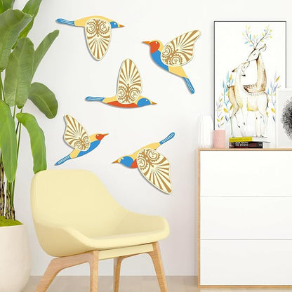 KOYILTD 5 Piece Bird Wood Wall Sculptures Wooden Wall Art Decor Scandinavian Home Decorations Flying Bird Wall Decor Farmhouse Wall Art for Home Living Room Bathroom Dining Room (Multicolor)