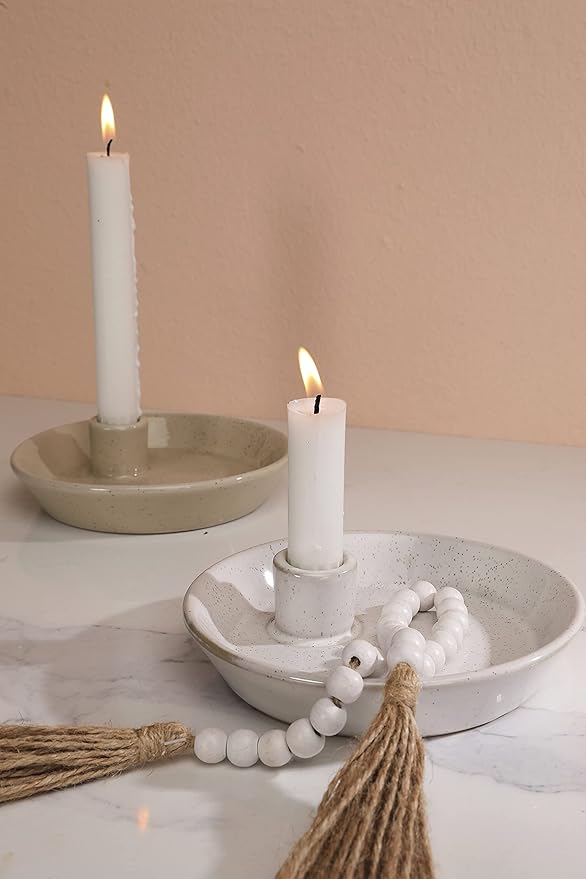 DN DECONATION White Ceramic Candle Holders, Modern Candlestick Holder with Tray, Boho Candle Holder, Unique Round Stoneware Candle Holder for Taper Candles, Halloween Christmas Fall Decor