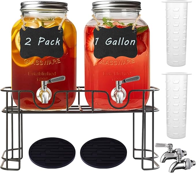 1 Gallon Glass Drink Dispensers for Parties,2 Pack Beverage Dispenser with Stand and Stainless Steel Spigot,Glass Water Lemonade Dispenser with Ice Cylinder for Party Drink,Iced Tea,Kombucha