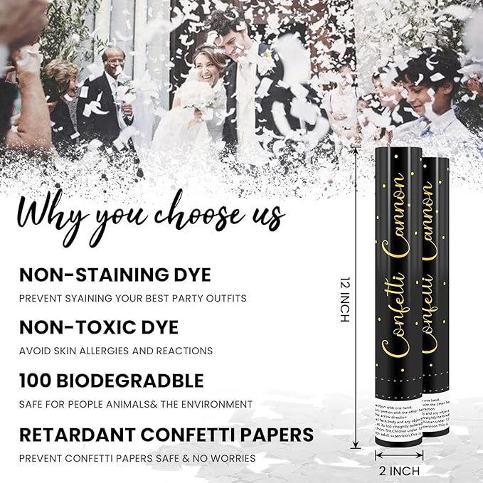 Confetti Cannon White Party Poppers 12 Pack Paper Confetti Poppers Wedding Confetti Shooters 12 inch Cannons for Wedding Graduation New Year Eve Celebration Christmas Birthday Party