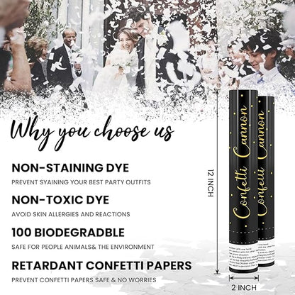 Confetti Cannon White Party Poppers 12 Pack Paper Confetti Poppers Wedding Confetti Shooters 12 inch Cannons for Wedding Graduation New Year Eve Celebration Christmas Birthday Party