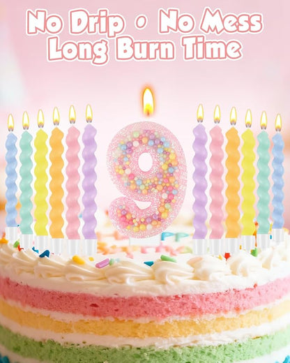 Birthday Candles for Cake, Macaron Number Candles, Cake Candles with Greeting Card for Birthday Party Wedding Anniversary Celebrations (9 Candle)