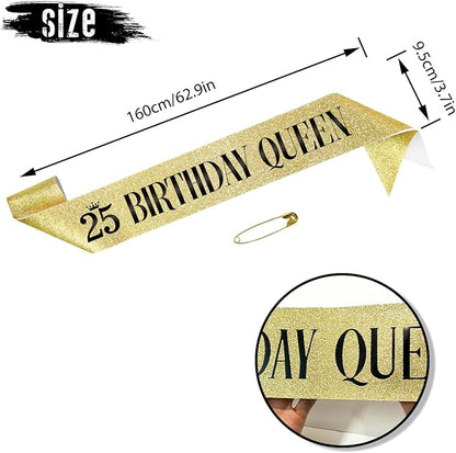 25 Birthday Queen 25th Birthday Sash for Women, Gold Glitter Sash with Black Foil