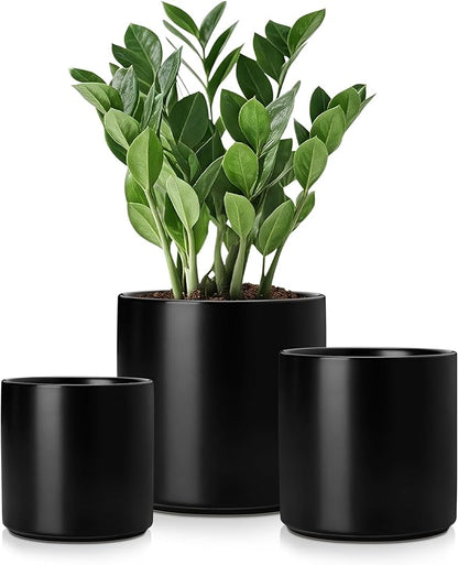 vancasso Ceramic Plant Pots, 4.25+5.25+6.25 Inch Planter Pot with Drainage Hole, Flower Pots for Indoor Outdoor Plants, Set of 3, Black